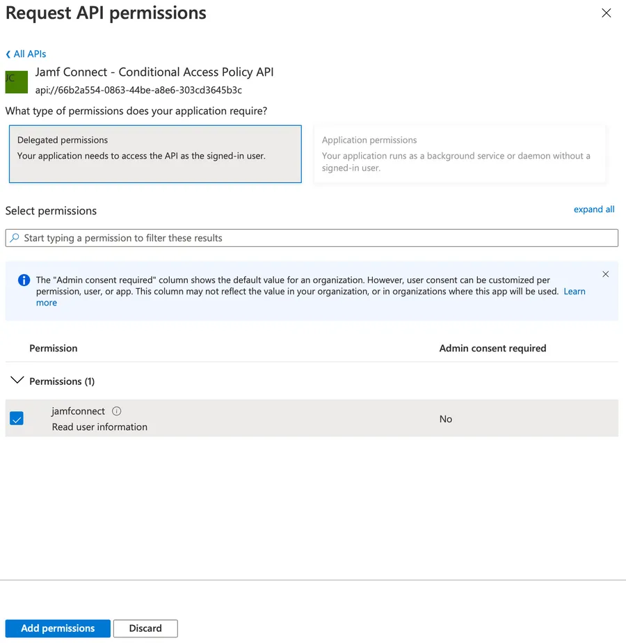 Jamf Connect add API permissions detail screen