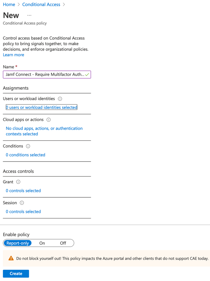Jamf Connect new conditional access policy screen