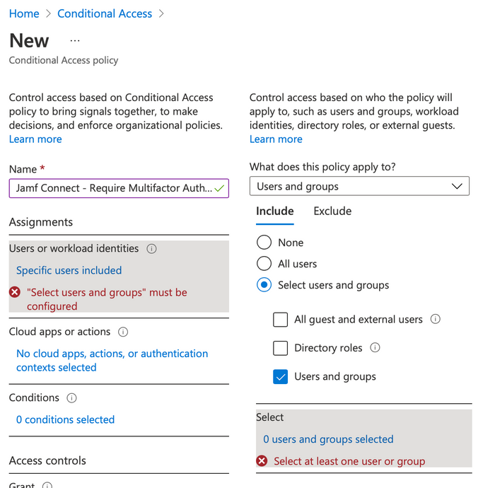 Jamf Connect new conditional access policy detail screen