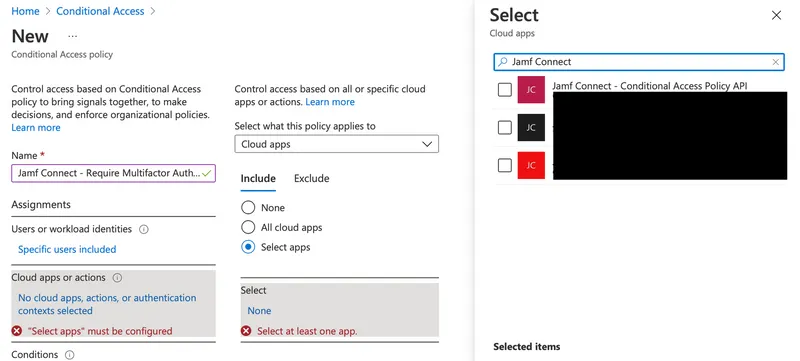 Jamf Connect new conditional access policy detail screen