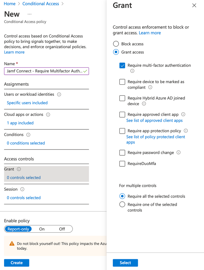 Jamf Connect new conditional access policy grant access screen
