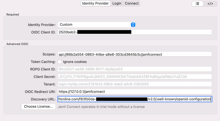 Jamf Connect configuration profile identity provider tab screen