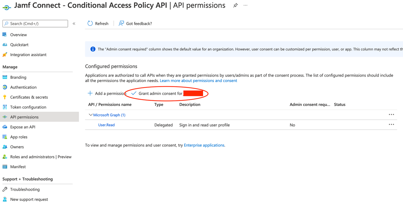 API permissions screen in Jamf Connect
