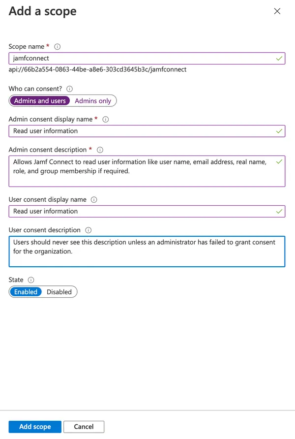 Jamf Connect add scope detail screen