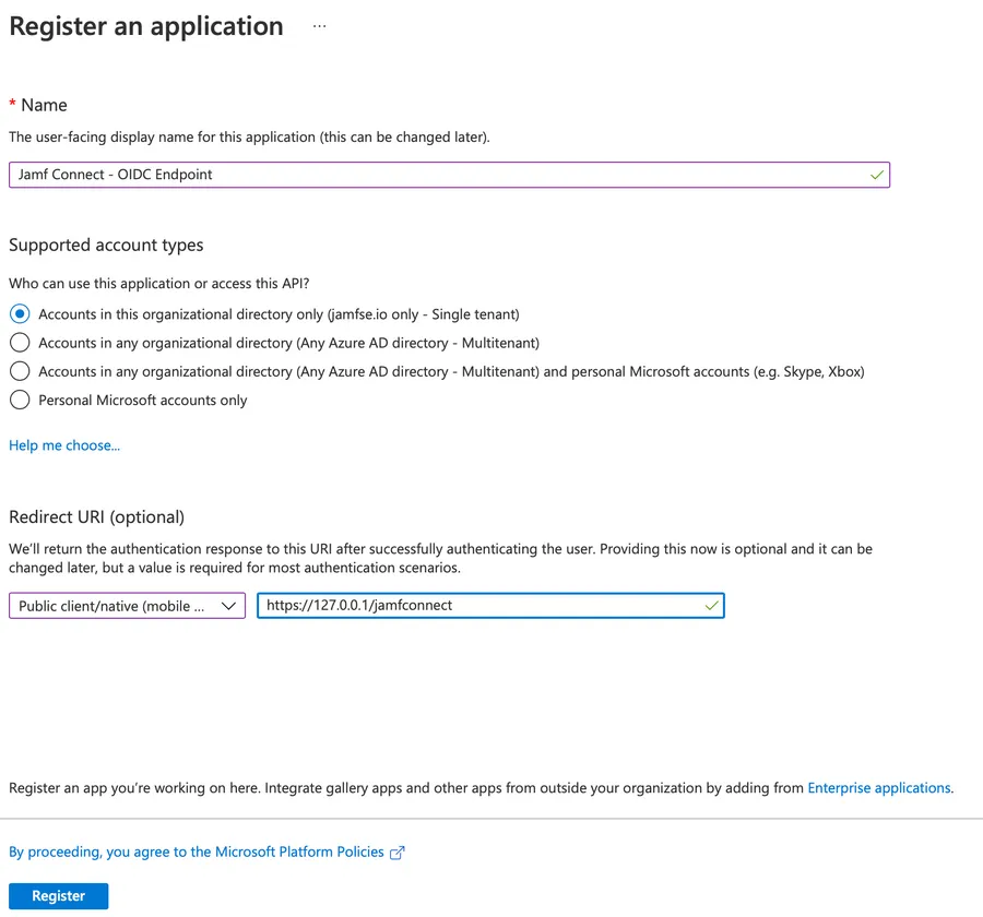 Jamf Connect register and application screen