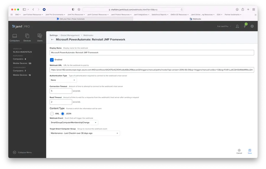 Workflow showing configuration of values for Webhook.
