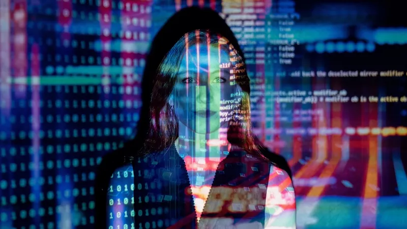 Person with computer code overlaid on their face