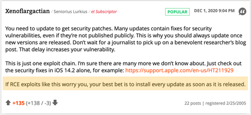 Post in forum by Xenoflargactian Seniorius Lurkius DEC 1, 2020 9:04 PM You need to update to get security patches. Many updates contain fixes for security vulnerabilities, even if they’re not published publicly. This is why you should always update once