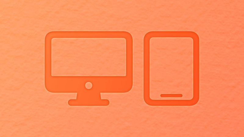Icons of an iMac and iPad on an orange background.