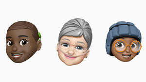New Apple Memoji from left to right: A dark brown Memoji with short hair, wearing a cochlear implant; a pale Memoji with gray hair in a bun using an oxygen tube; a brown Memoji wearing glasses and a soft helmet.