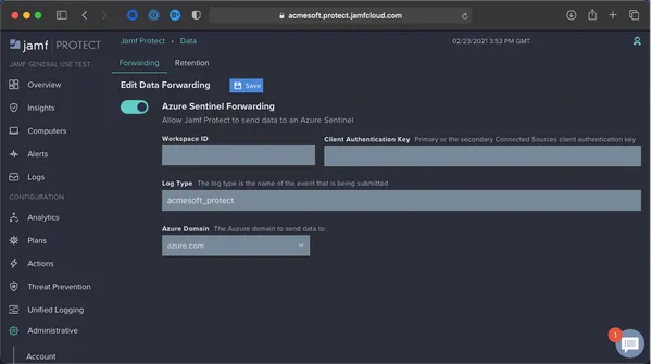 Screen of Jamf Protect with toggle key for Azure Sentinel forwarding.