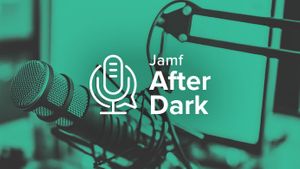 The Jamf After Dark title and logo, a microphone superimposed over a speech bubble, against a green background with office hardware