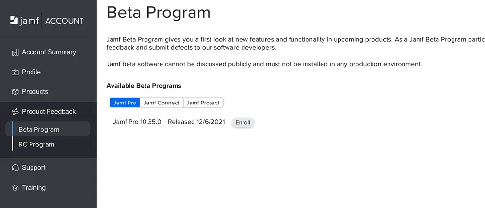 Jamf Account screen showing the Beta Program in the menu.