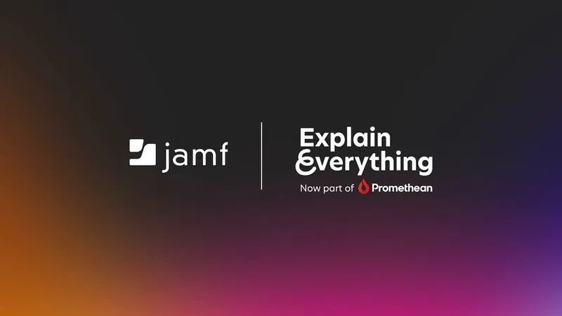 Jamf and Explain Everything logos in front of an orange, magenta, and purple gradient background