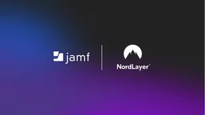 White Jamf and NordLayer logos over a dark blue and purple gradient background