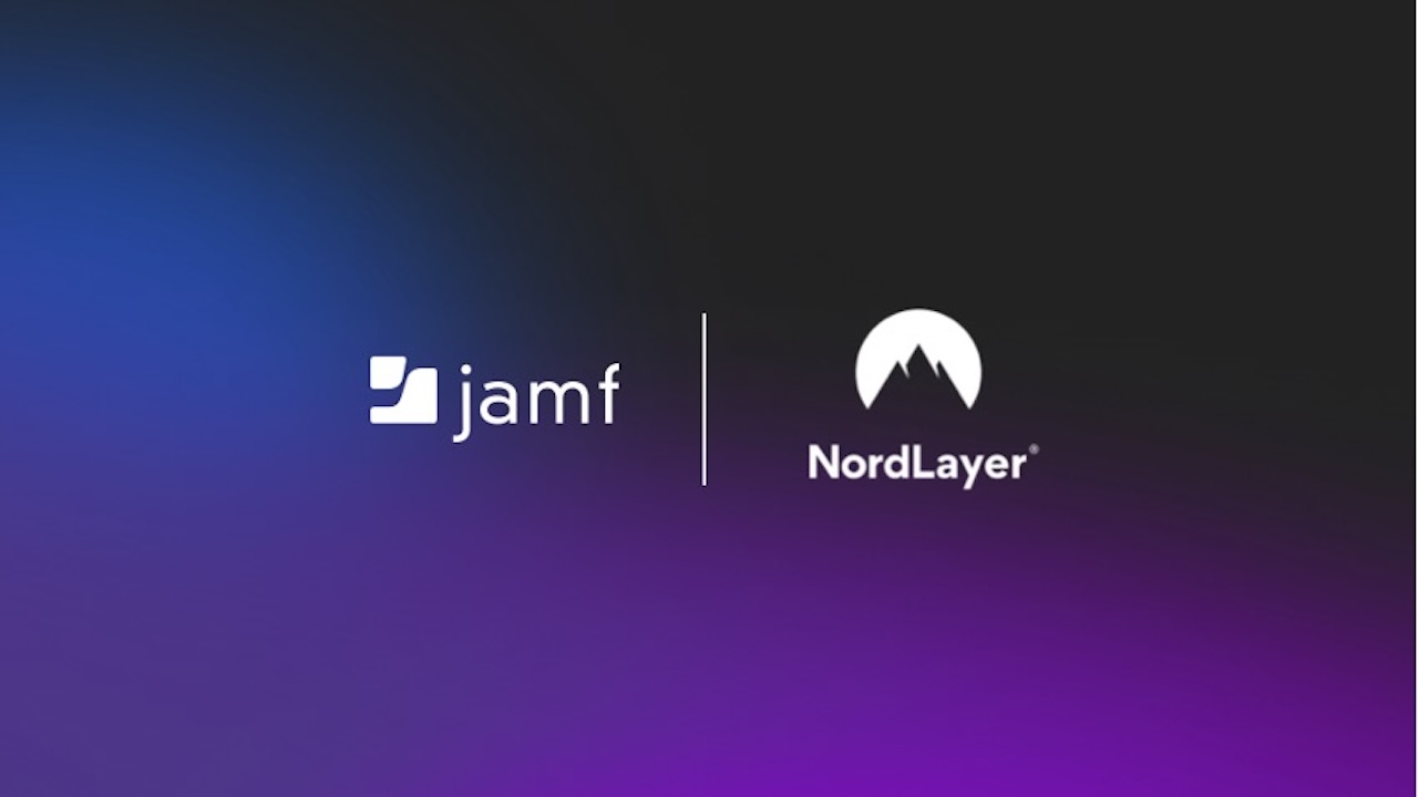 White Jamf and NordLayer logos over a dark blue and purple gradient background