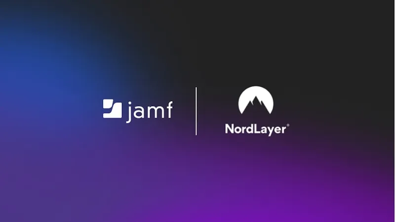 White Jamf and NordLayer logos over a dark blue and purple gradient background