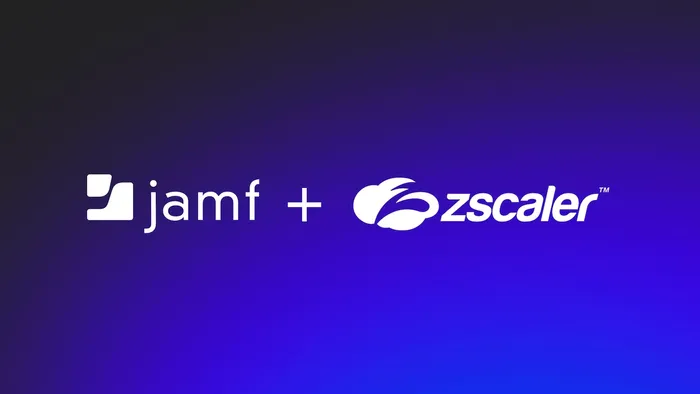 White Jamf and Zscaler logos on a blue gradient background