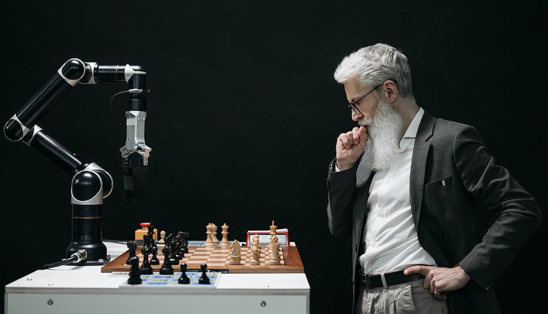 Adult male with beard playing chess with a robot