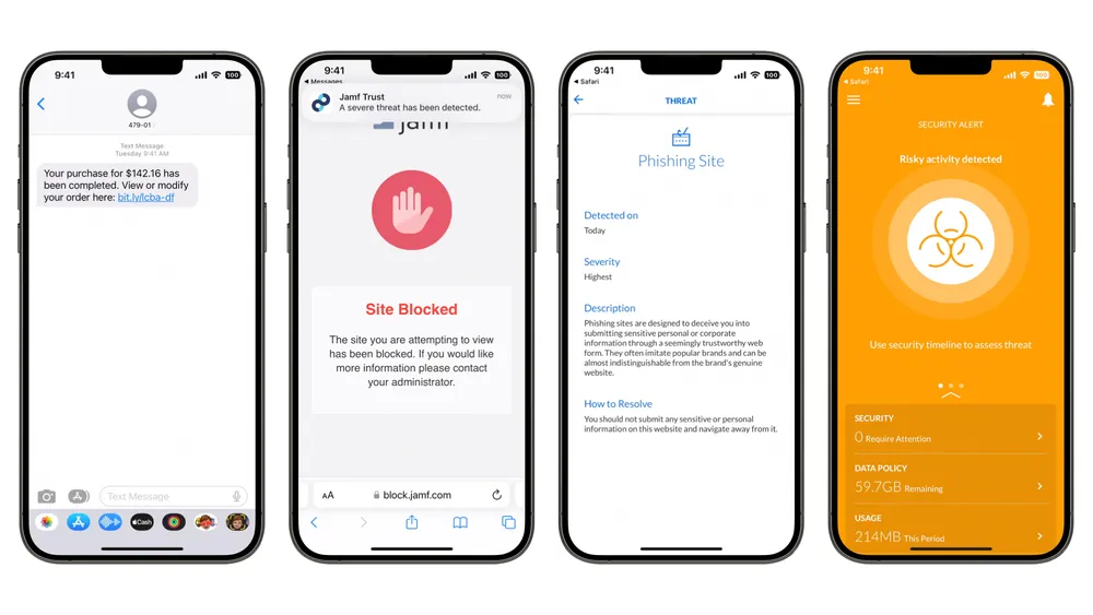 Jamf Trust in action: on iPhone screens: 1. a text message with a link and urgent message. 2. a notice that the site is blocked. 3. notification that it is a phishing site 4. security alert and next steps instructions