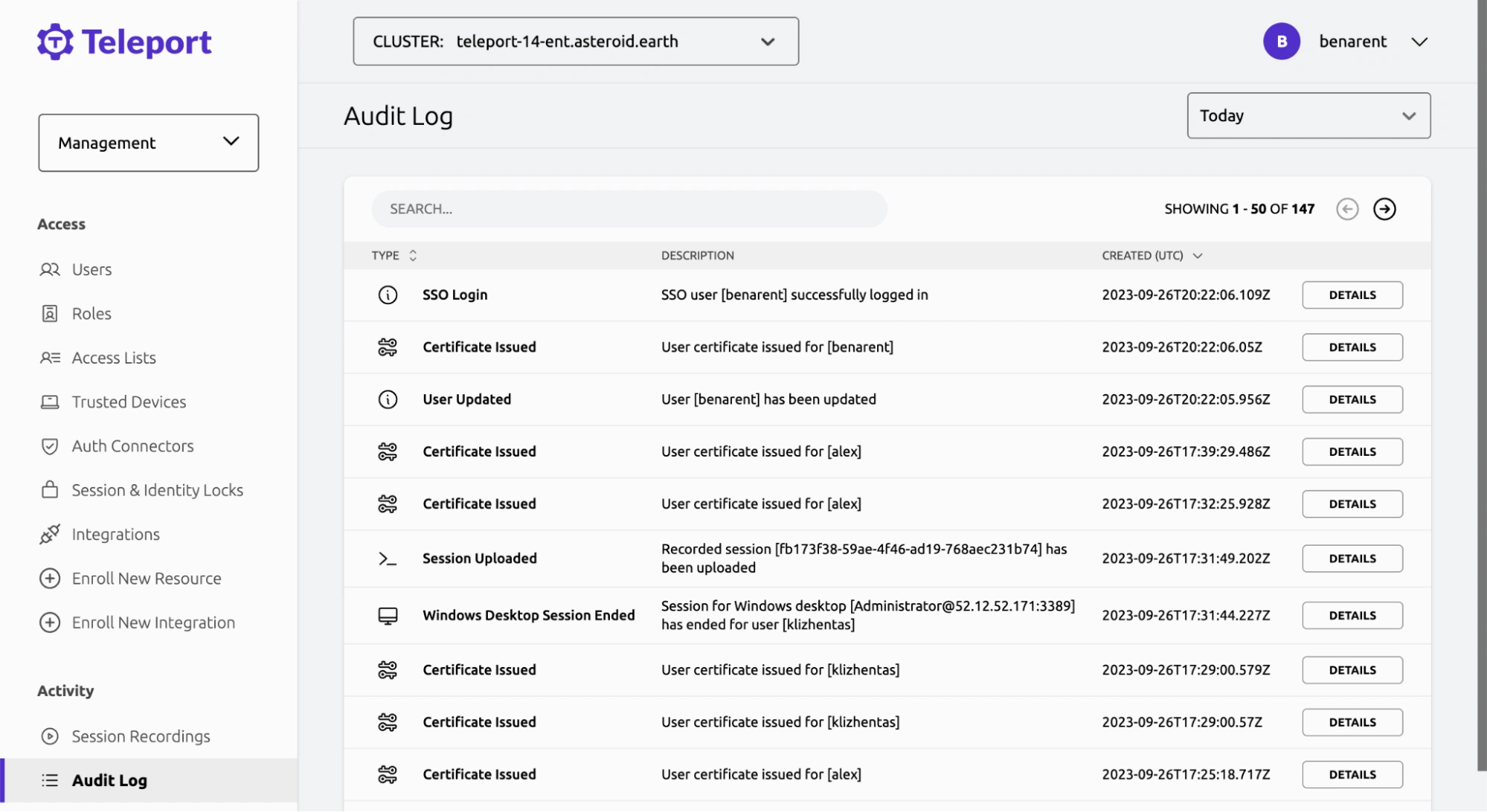 Audit log screen