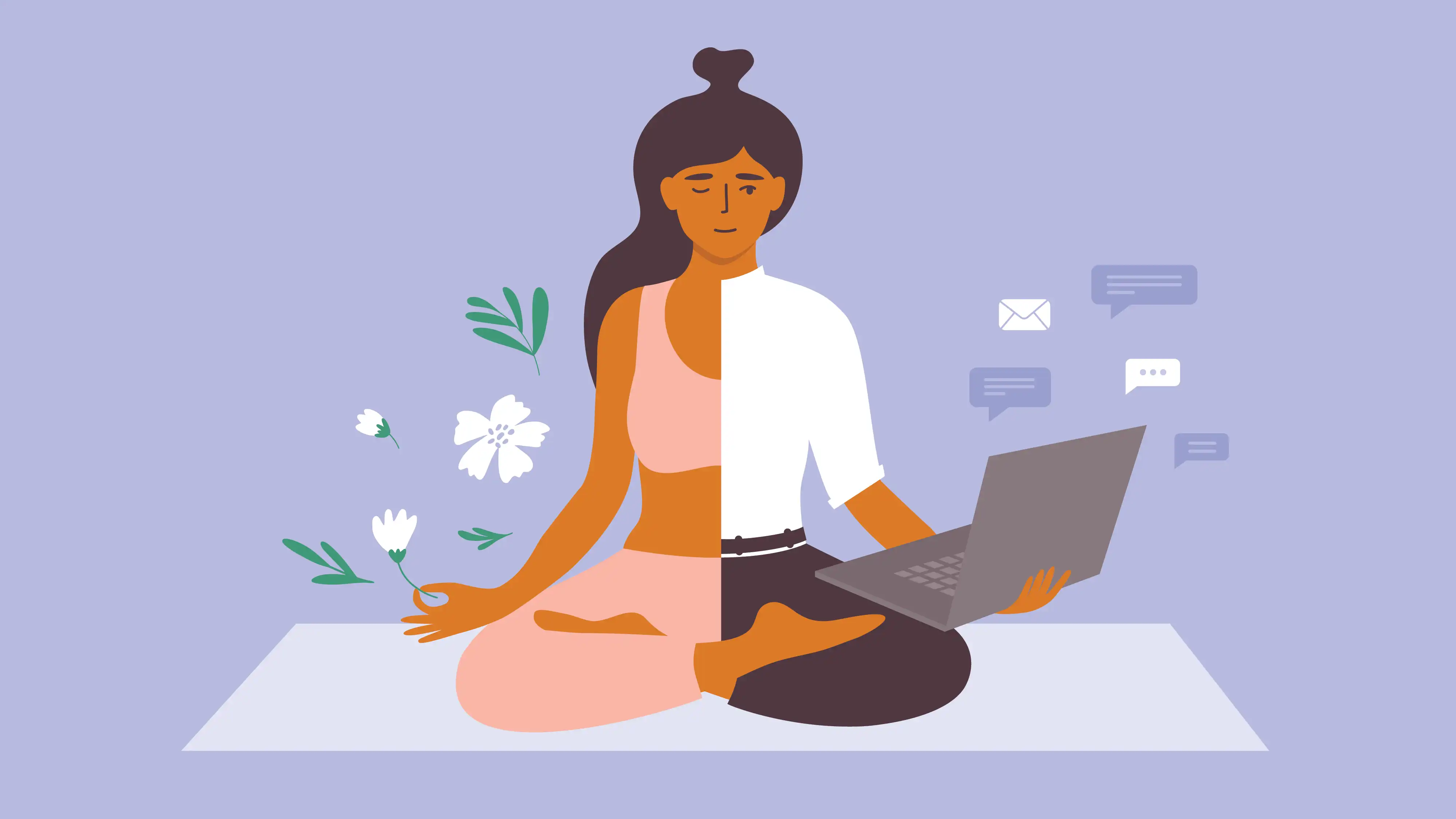 An illustration of a person in full lotus, in yoga clothes on one half of their body and in work clothes on the other, working on a MacBook managed by Jamf.