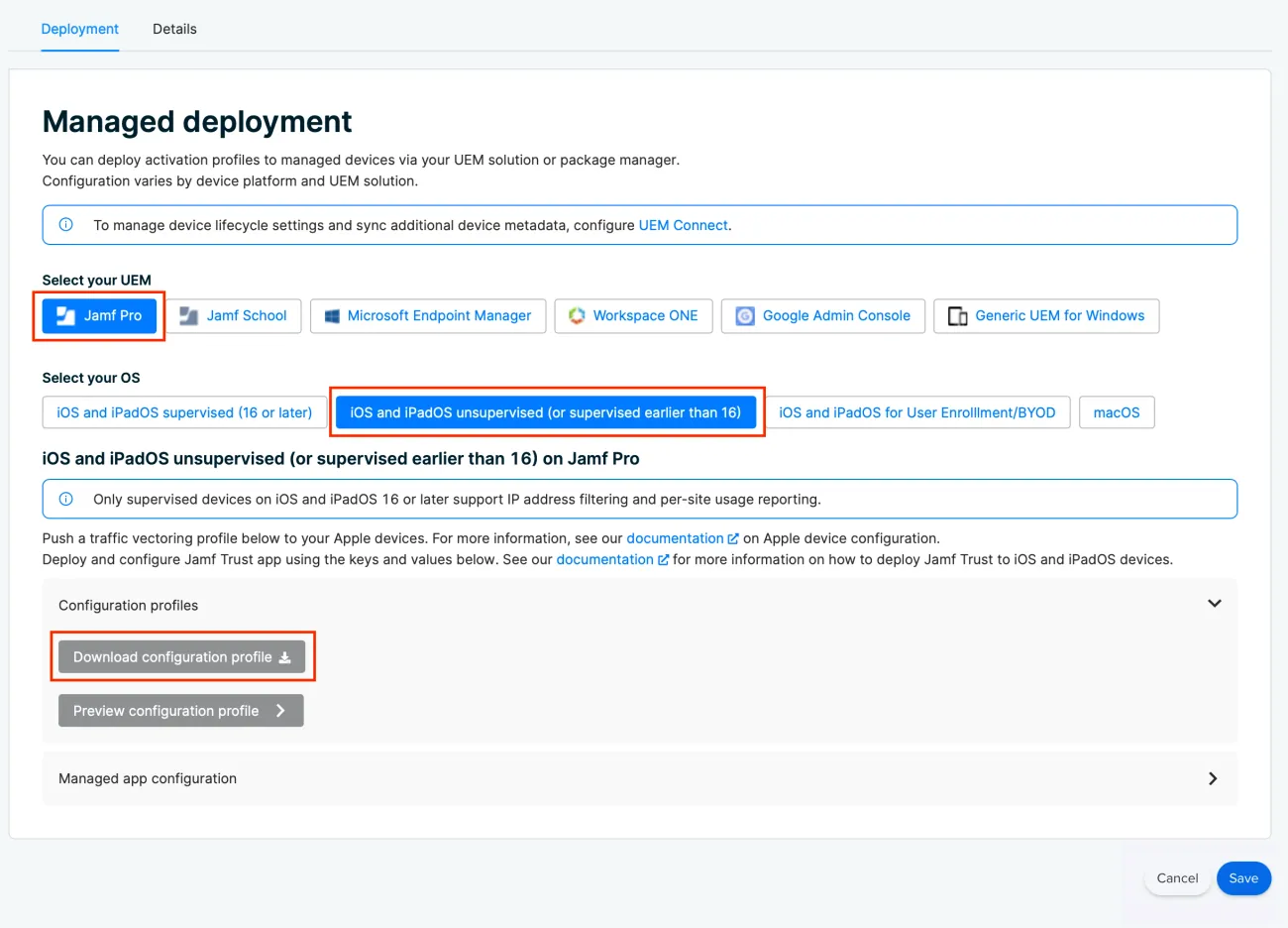 Jamf Pro Managed deployment screen: Image outlines visually steps to take, which are laid out in the copy and links above.