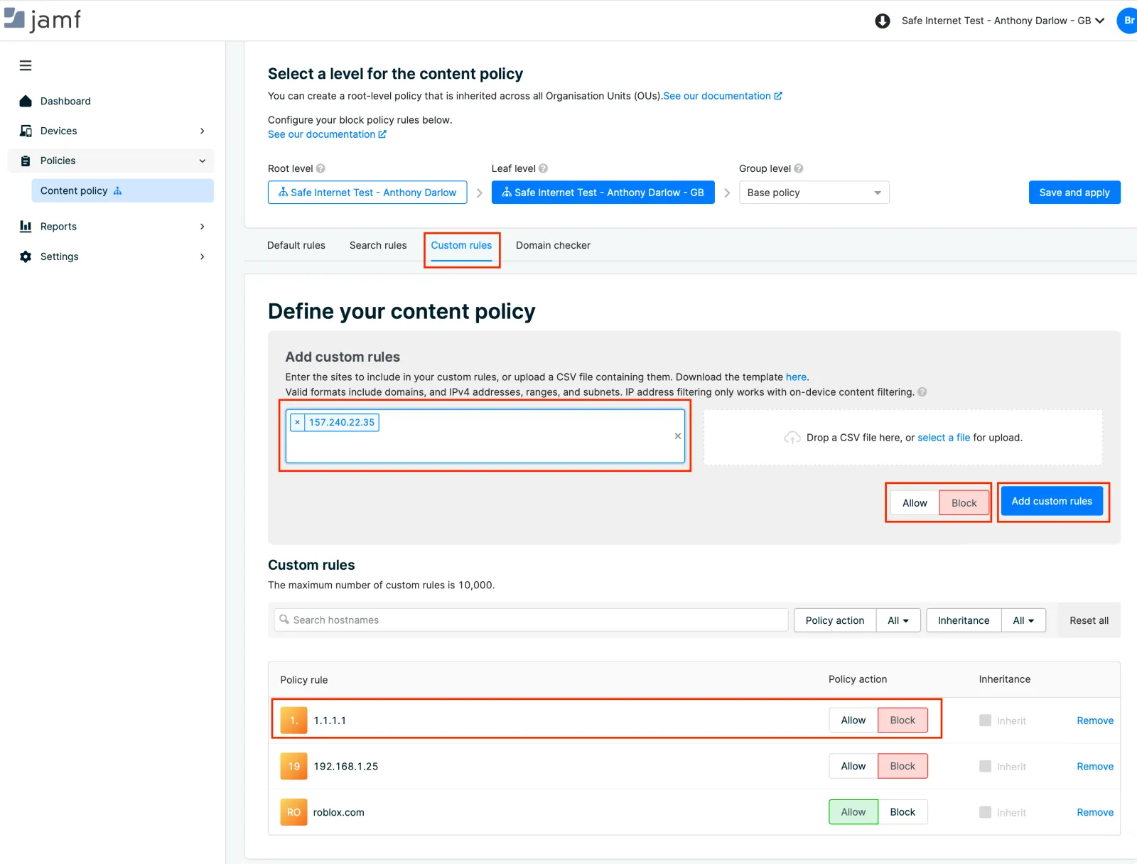 Jamf Safe Internet console showing the content policy screen.