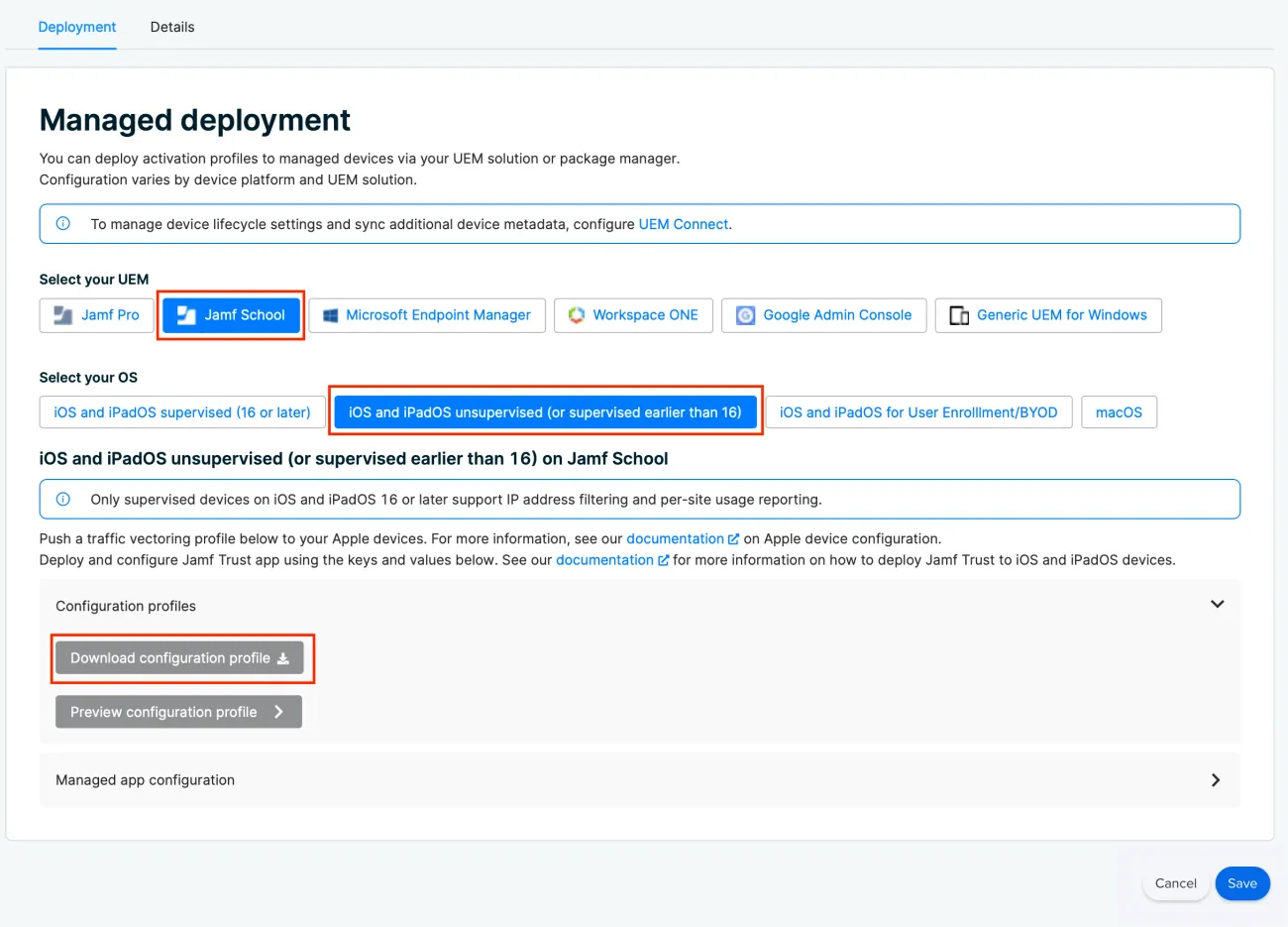 Jamf School Managed deployment screen: Image outlines visually the steps to take, which are laid out in the copy above.