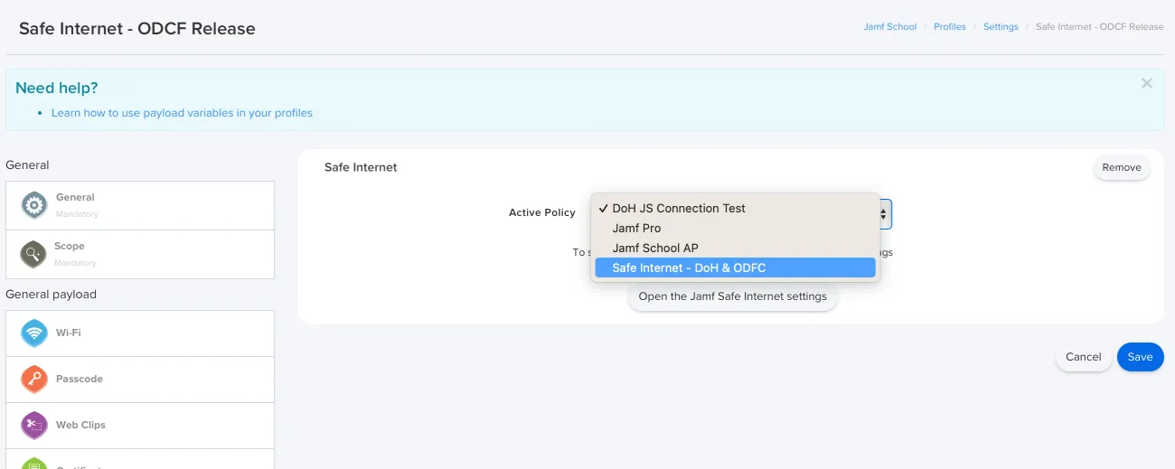 Activation profile screen from Jamf School showing a dropdown to select Jamf Safe Internet.