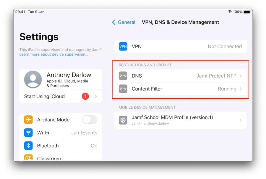 Screen of device settings with sections from above description highlighted.