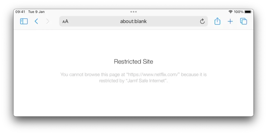 Block screen showing: Restricted Site. You cannot browse this page at