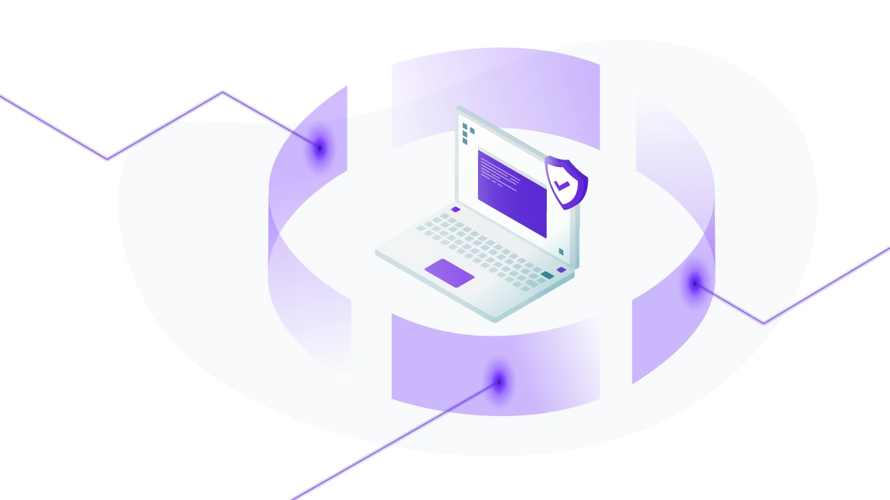 A computer surrounded by a shield that deflects attacks as Jamf Pro and Teleport enforces access to only trusted devices.