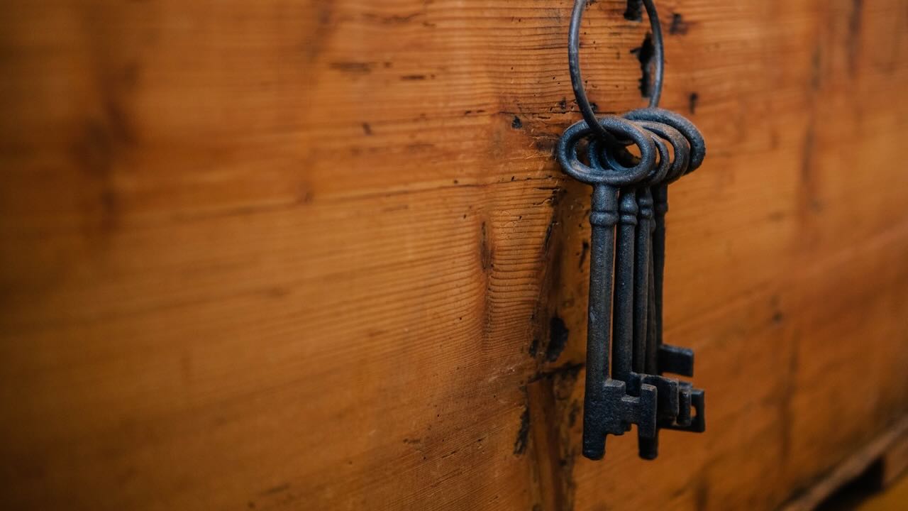 Skeleton keys hanging on a hook