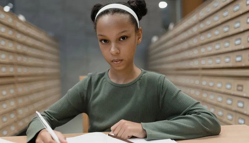 Student sitting at a desk surrounded by large card catalogs