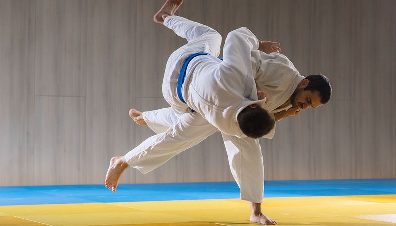 Judo master deflecting and reversing an attack