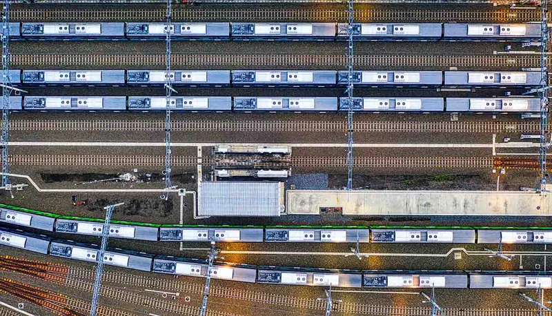 Multiple trains queued up for departure.