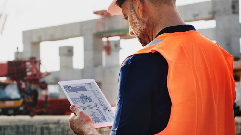 Man in orange vest standing at construction site looks at iPad managed by Jamf.