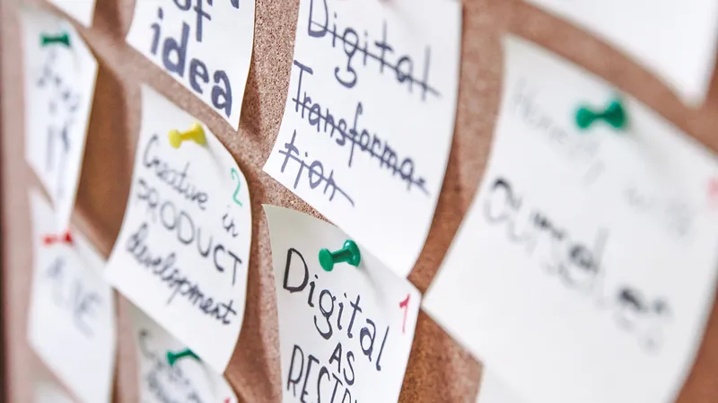 Board with notes tacked to it, breaking down ideas and processes in an organized flow.