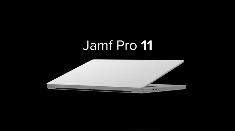 MacBook Pro laptop slightly open with the Jamf Pro 11 logo above it.