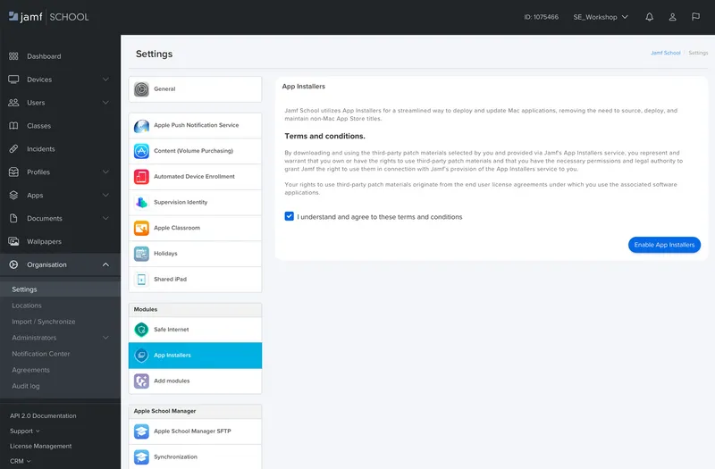 Screenshot of Jamf School App Installers Terms and Conditions