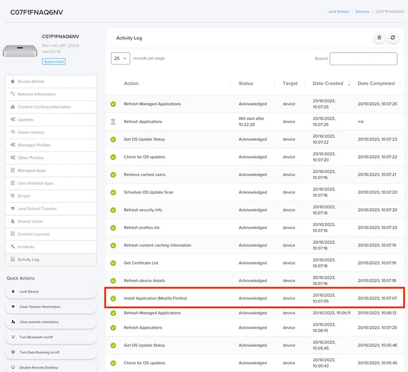 Screenshot of Jamf School device activity log