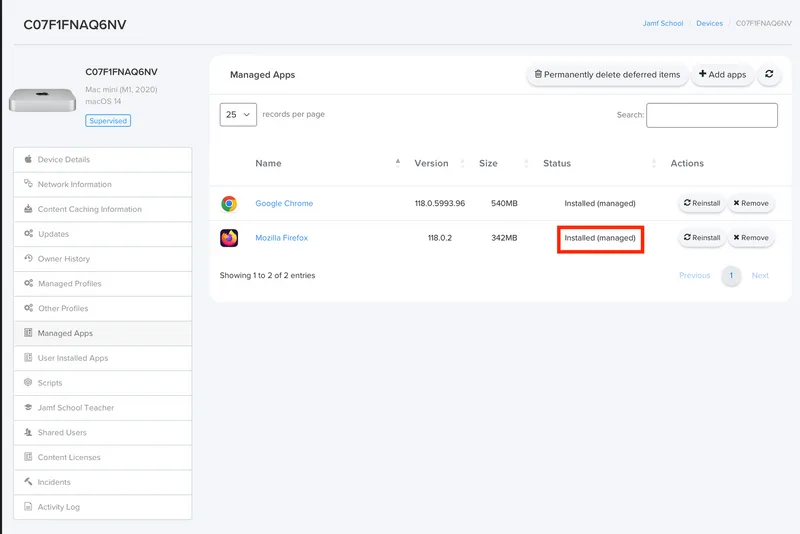 Screenshot confirming app installation status by device.