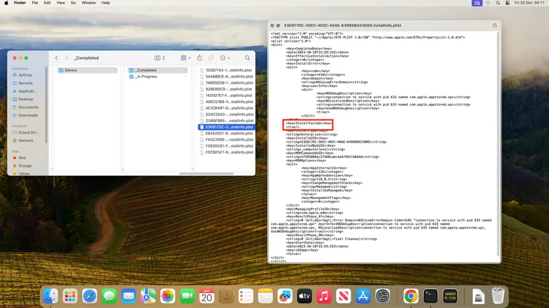 Screenshot of UUID and QuickLook of the contents of the XML structure.