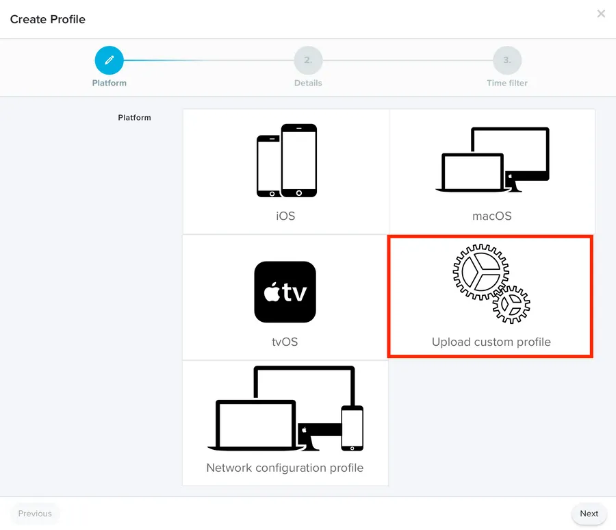 Screenshot of upload screen for configuration profiles.