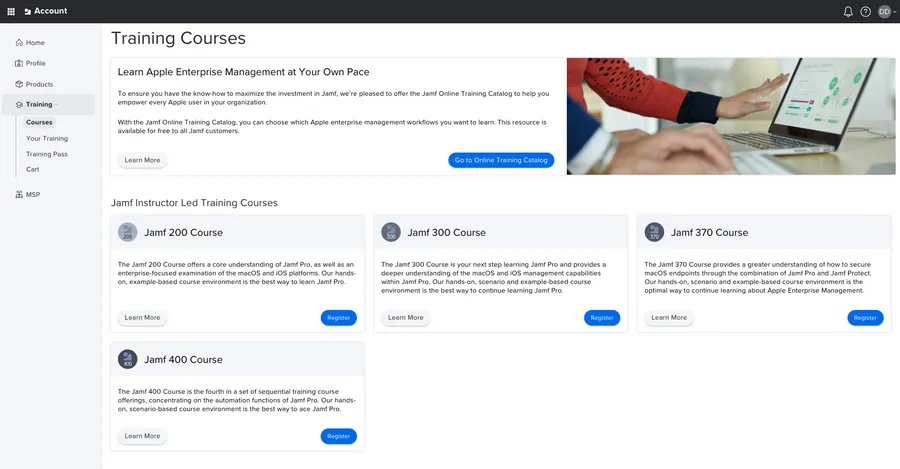 Screenshot of the training page on Jamf Account.