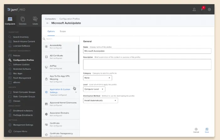 Image of a Microsoft Update configuration profile screen in Jamf Pro.