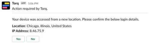 Screenshot of alert message from Torq to Slack.