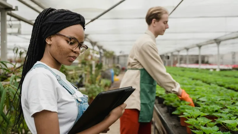 Person in a greenhouse using an iPad