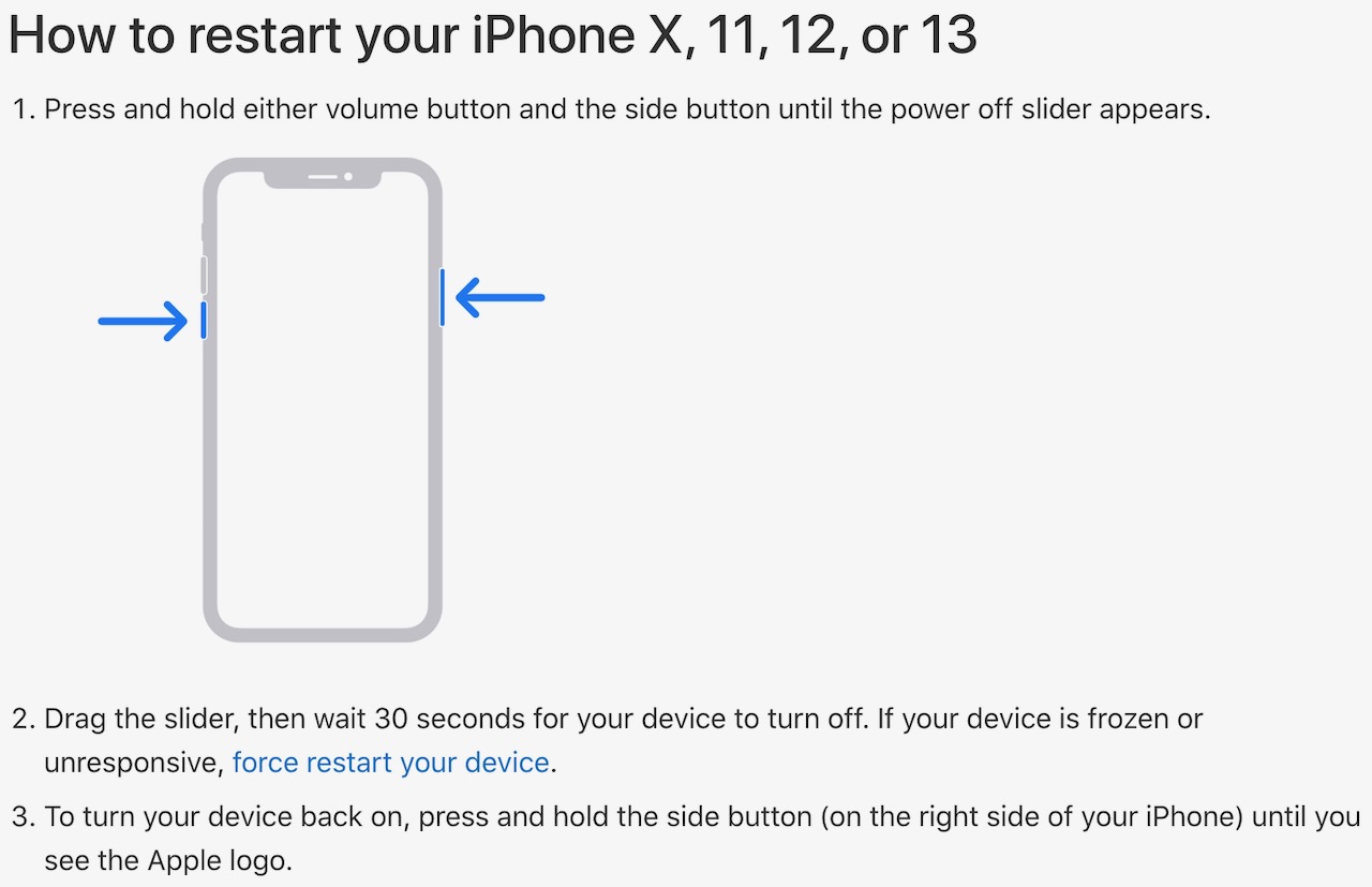 Instructions on how to restart an iPhone X, 11, 12 or 13